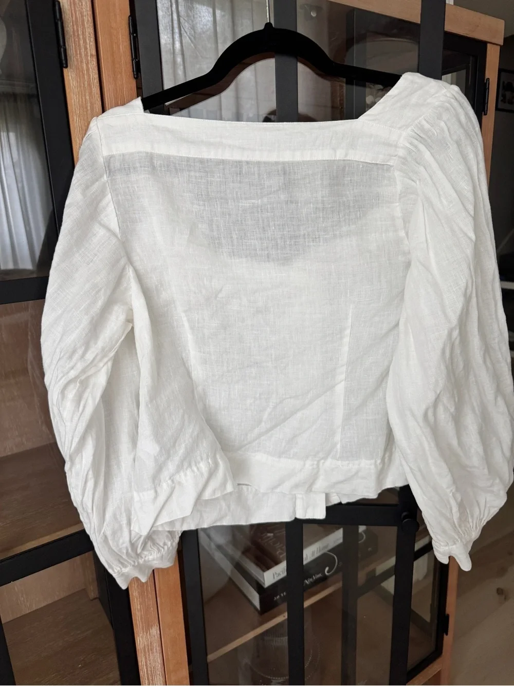 J. Crew linen top Squareneck button-up blouse puff long sleeve neutral